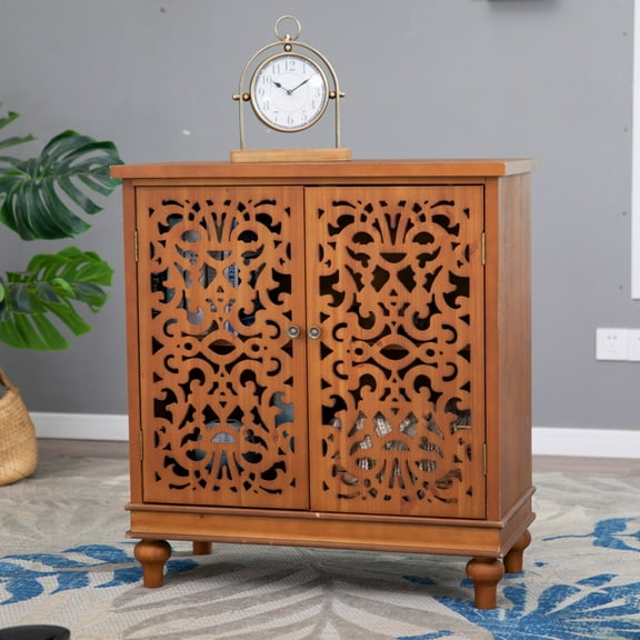 Sophia & William 34" Height 2-Door Retro Distressed Hollow-Carved Storage Cabinet - Brown
