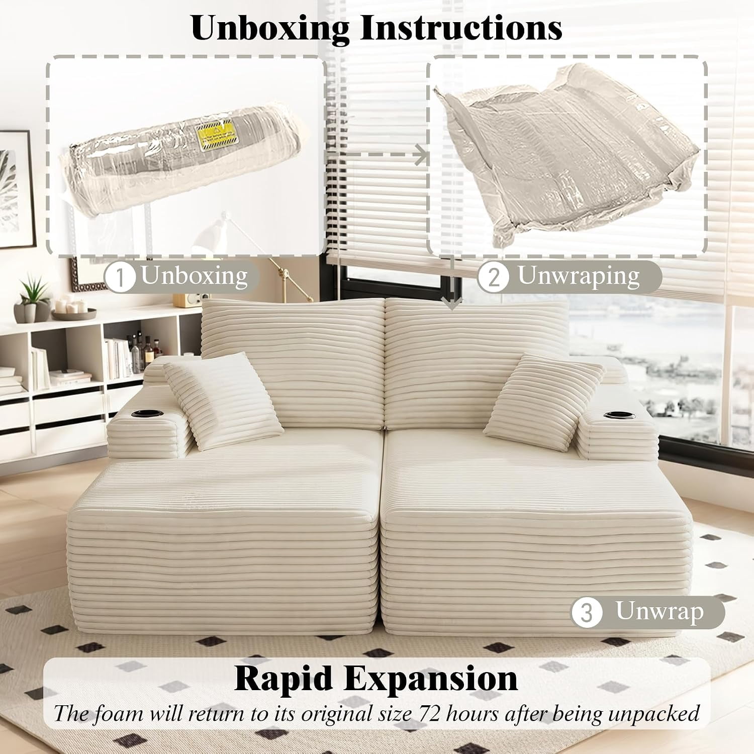 76 Inch Deep Seat 2-Seater Recliner Sofa Bed with Cup Holders, No Assembly Needed, Beige