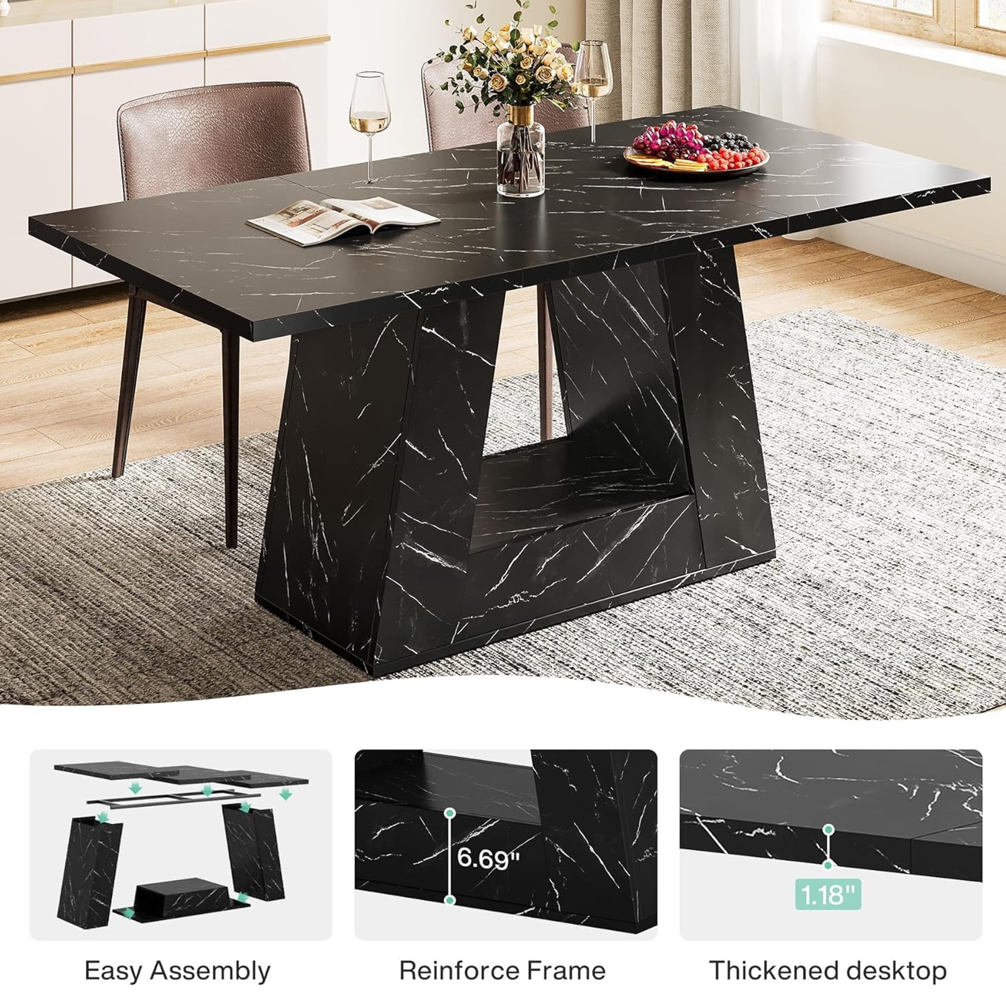Modern Black Faux Marble Dining Table, 63" Rectangular 4-6 Seater Wood Table with Sturdy Base, Kitchen Living Room Dinner Table