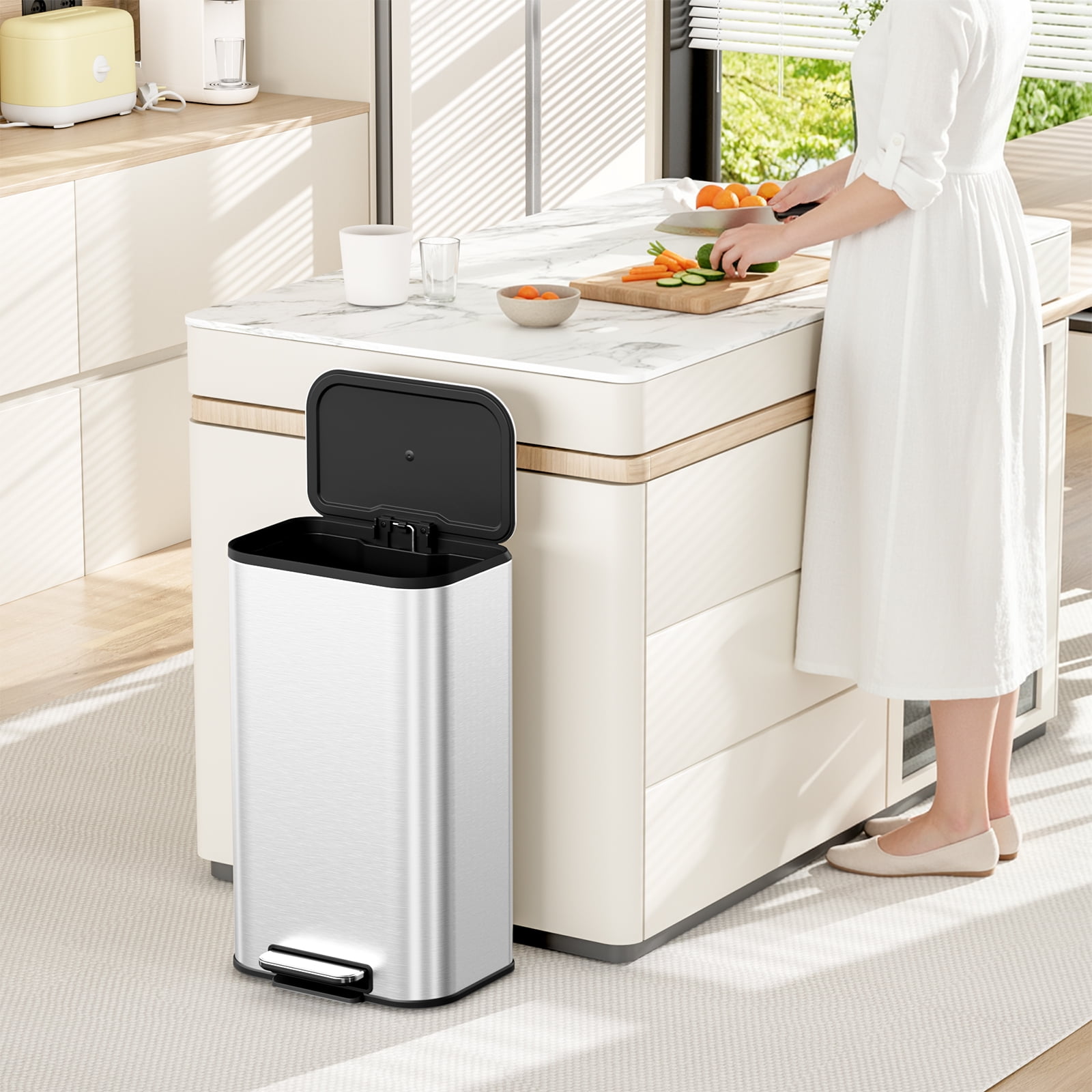 Arlopu 8 Gallon Stainless Steel Step Kitchen Trash Can with Lid, Square Garbage Can for Indoor, Silver