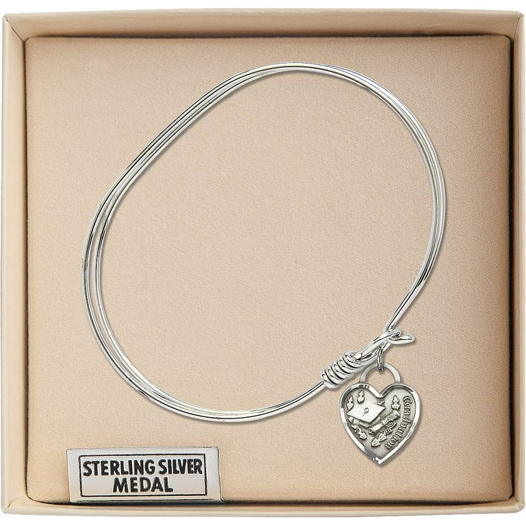 7 inch Oval Eye Hook Bangle Bracelet w/ Graduation Heart in Sterling Silver  