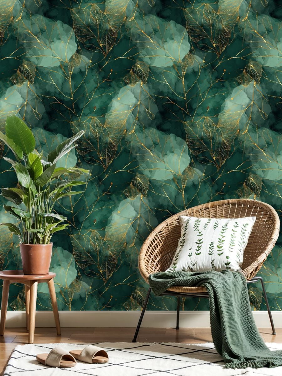 Peel and Stick Wallpaper 17.7in x 9.8ft Abstract Green Gold Botanical Leaves Watercolor Contact Paper Vinyl Self-Adhesive Removable Wall Paper for Bedroom Kitchen Cabinet Décor Renter Friendly