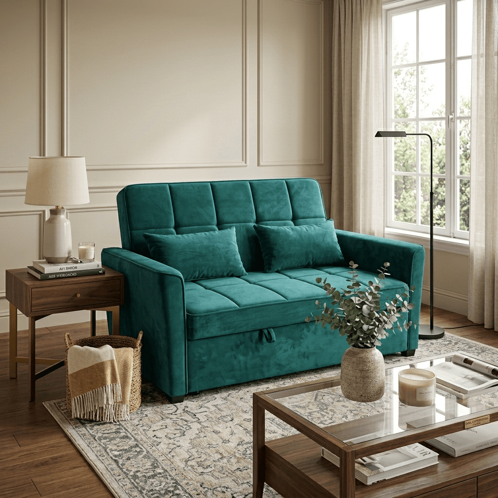 WAKEFIT 54" Pull-Out Sleeper Sofa Bed,3-in-1 Convertible Loveseat Couch with Adjustable Backrest for Small Living Room,Velvet,Green