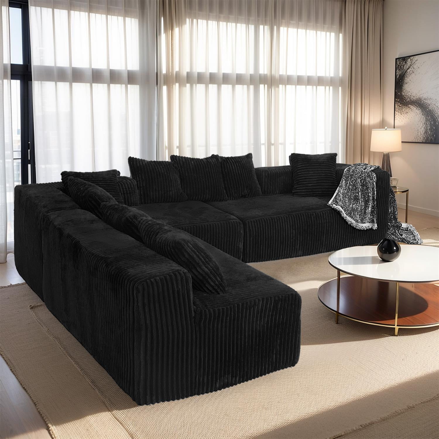 Demi Bonn 130" Modular U-Shaped Sectional Sofa, 4-Seater Chaise Lounge Couch with Reversible Corduroy Fabric for Living Room, Bedroom, Black
