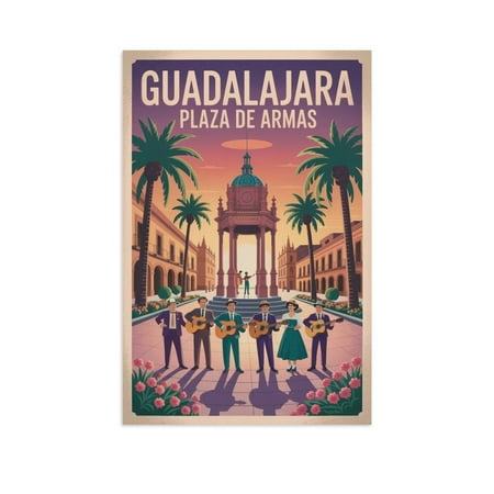 Retro Vintage Travel Poster Wall Print Plaza De Armas Guadalajara Mexico Sunset Music Colonial Square Artwork Print Poster