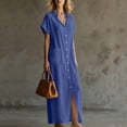 thumbnail image 4 of ClodeEU Women's V Neck Short Sleeve Button Down Maxi Dress,Casual Loose Dress with Front Slit Blue,Women's Plus L, 4 of 7