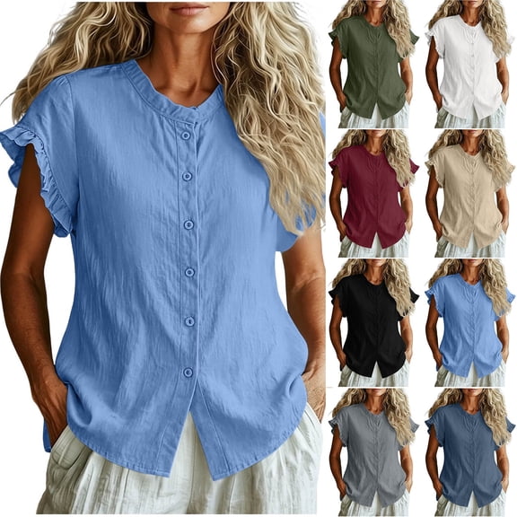 Cotton Tops for Women Ihhxva Breathable Ruffle Sleeve Blouse with Button Detail Summer Button-Up Top S-2XL