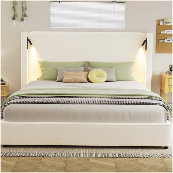 Upholstered King Bed with USB Ports, LED Light, and Wingback Headboard, Includes Storage Ottoman