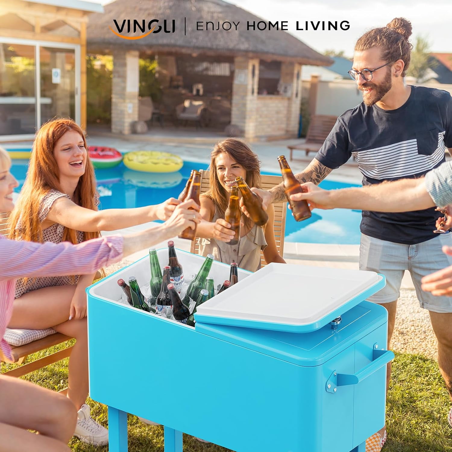 VINGLI 80 Quart Rolling Cart on Wheels, Portable Bar Drink Cooler, Beverage for Patio Pool Party, Ice Chest with Shelf,Bottle Opener,Water Pipe