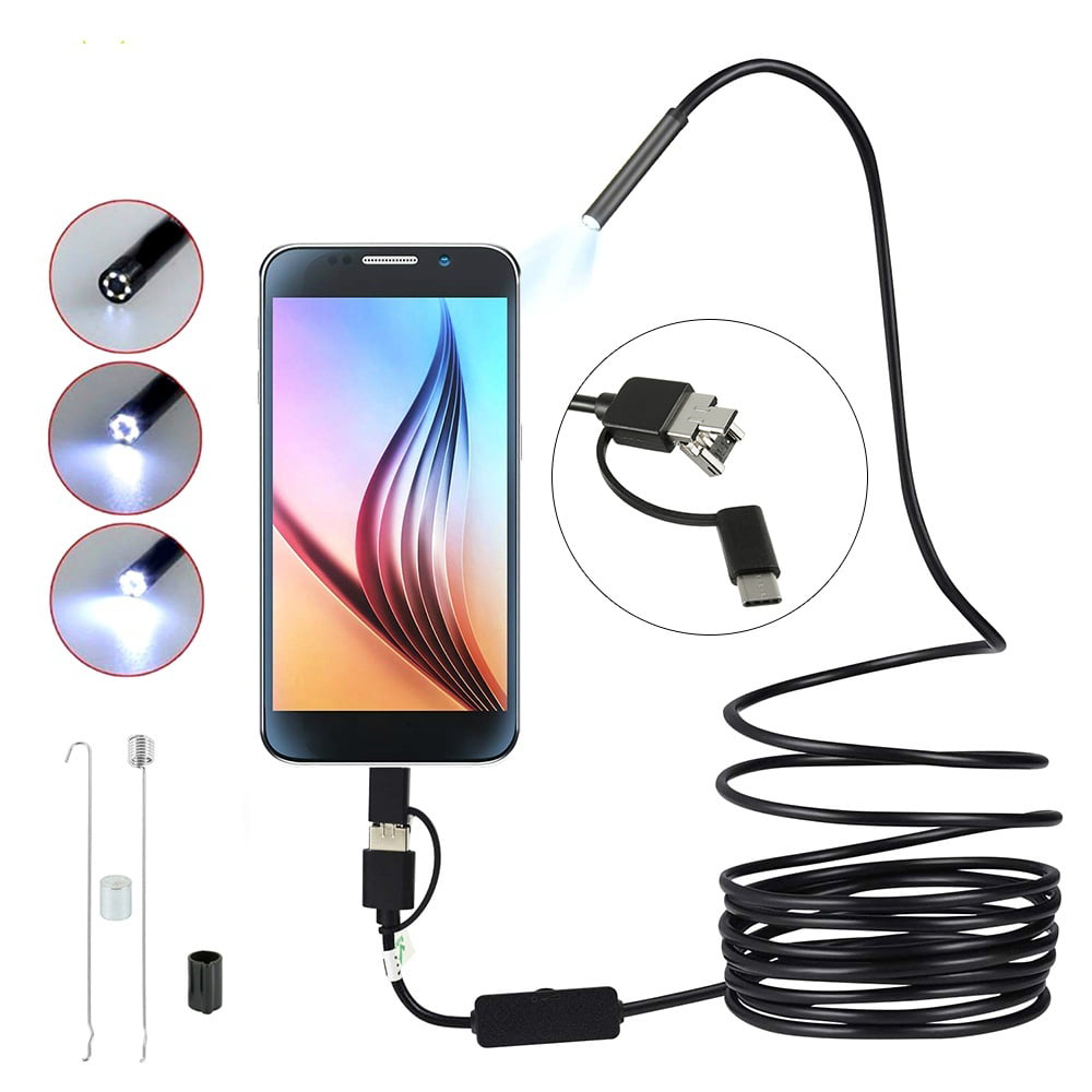 Mac Notebooks Windows PC USB Endoscope 3 in 1 Borescope 5.5mm Waterproof Snake Inspection Camera Semi-Rigid with 6 Adjustable LEDs for OTG Android Phones