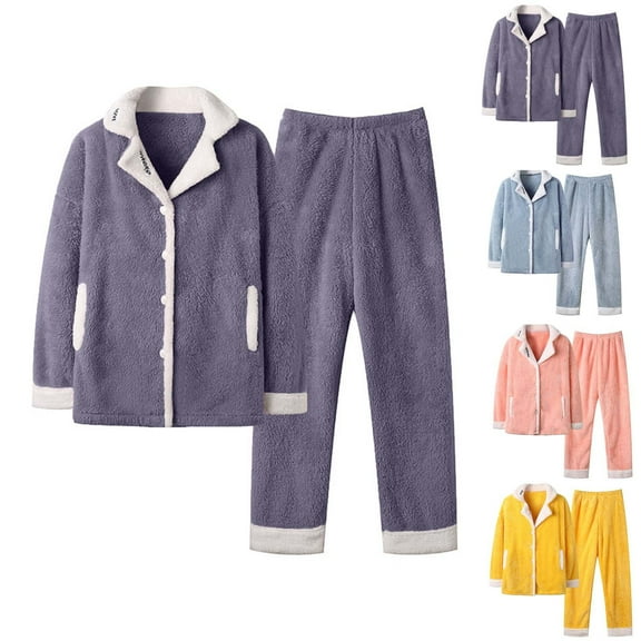 Womens Pajamas Set Winter Casual Lounge Cozy Long Sleeve Long Pants 2pcs Sets Solid Color V-Neck Sleepwear Comfy Pajamas