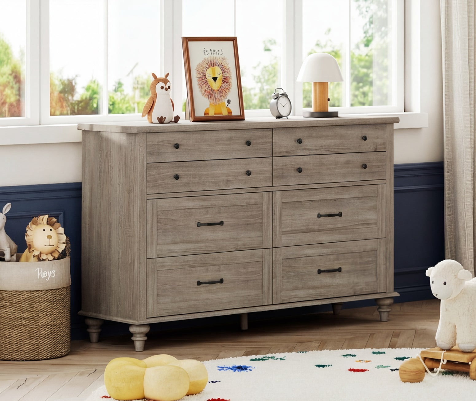 Mid Century Dresser with 8 Drawers, Wooden Kids Dresser for Kids Room Living Room, Grey