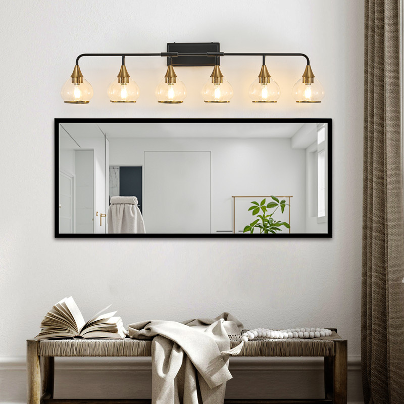 48" Modern Black and Gold 6-Light Bathroom Vanity Light Fixture, Clear Glass Shades Wall Sconce for Mirror, Living Room, or Vanity (Bulbs Not Included)