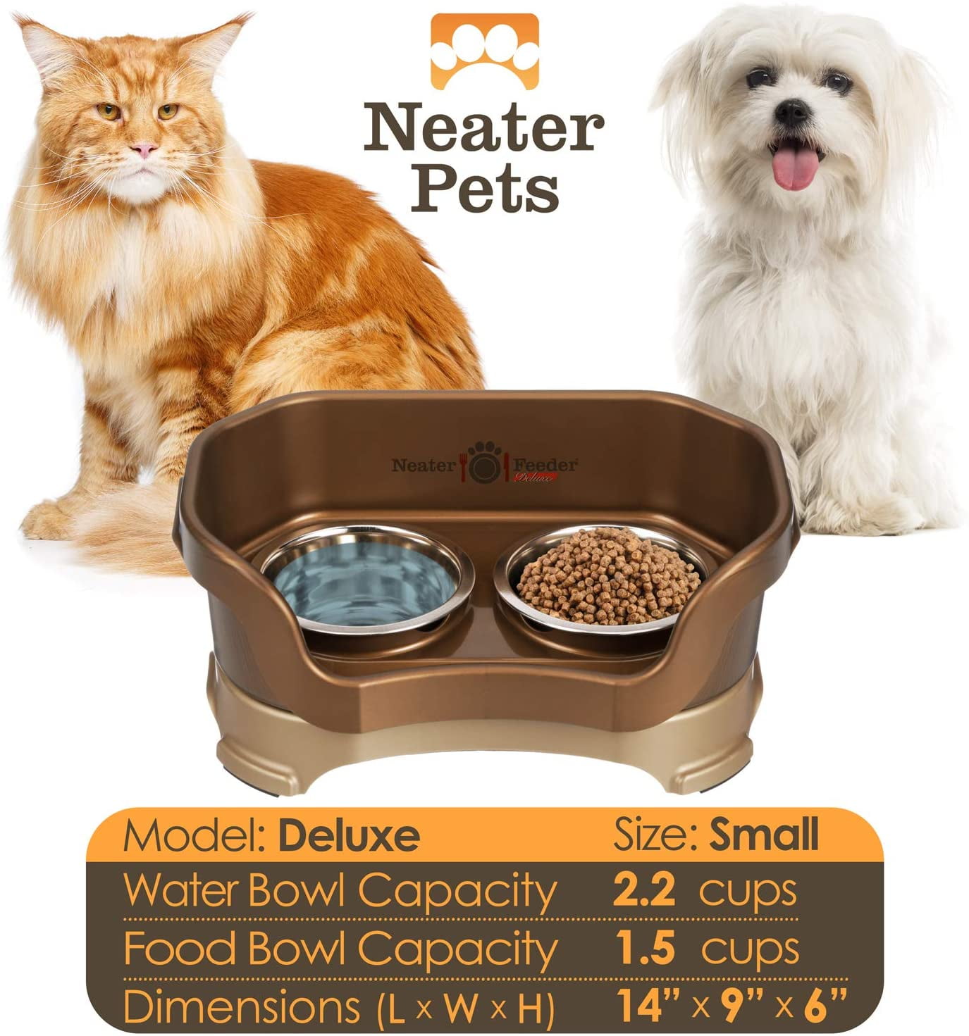 Neater Pets Neater Feeder Deluxe Mess-Proof Elevated Food & Water Bowls for Small Dogs, Bronze