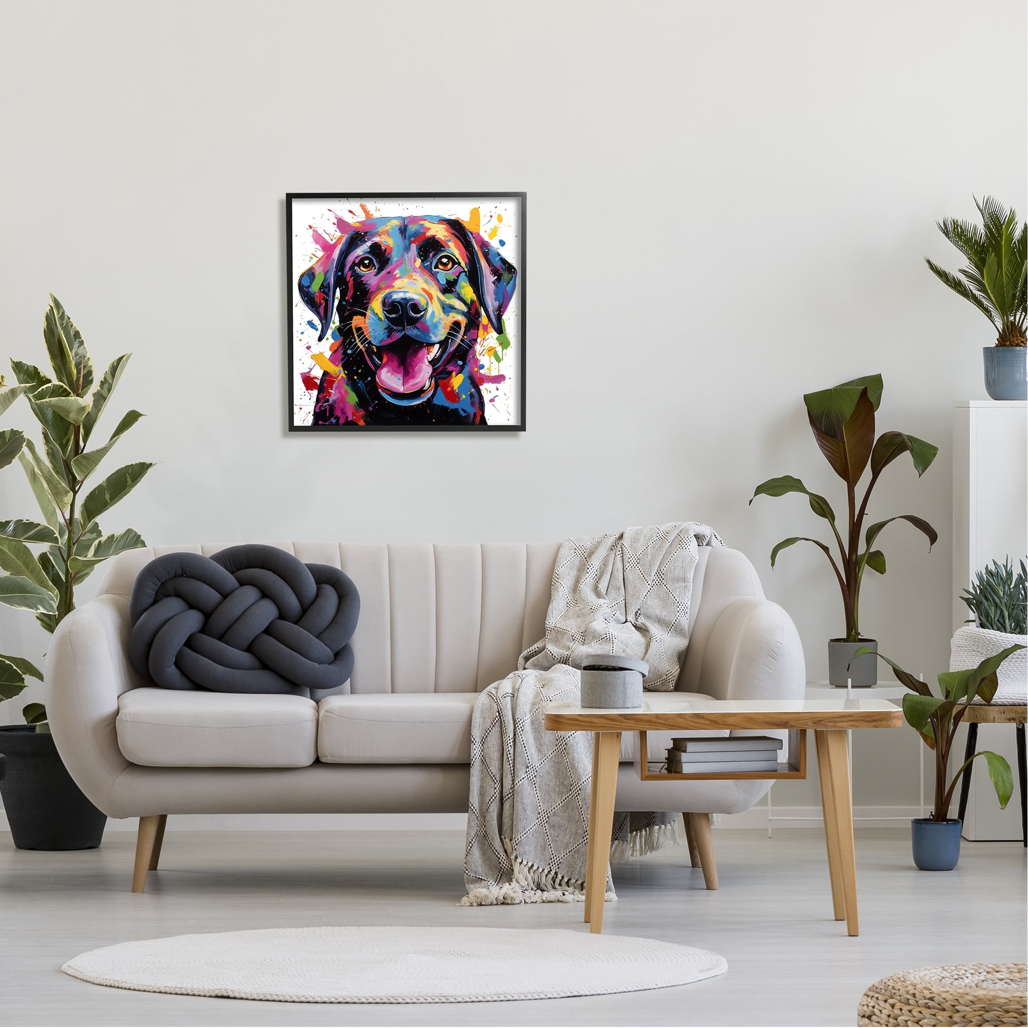Stupell Industries Smiling Dog Modern Splatter Animals & Insects Painting Black Framed Art Print Wall Art, 24 x 24