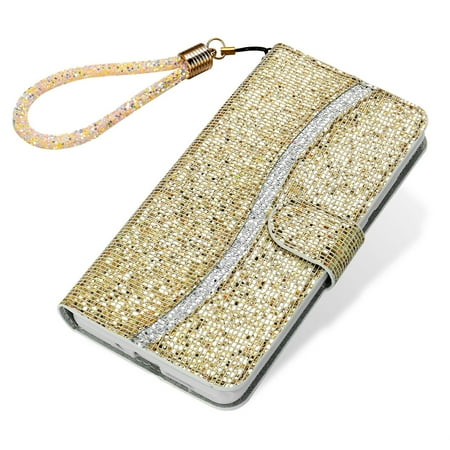 Mantto Girly Case for Samsung S8 Bumper Cover, Bling Glitter Card/Credit Slot Wallet Case, Magnetic Wrist Hand Strap Shockproof Flip Stand PU Leather Shell For Samsung Galaxy S8, Gold