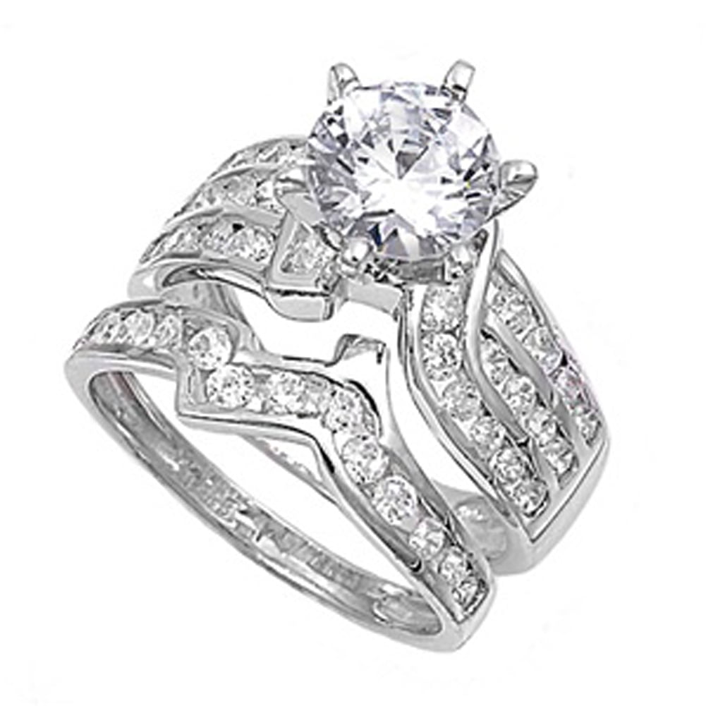 Diamond Scotch 14k White Gold Plated Simulated Blue Topaz and CZ 3-Stone Engagement Promise Bridal Ring Matching Eternity Band Ring Set Bridal Jewelry
