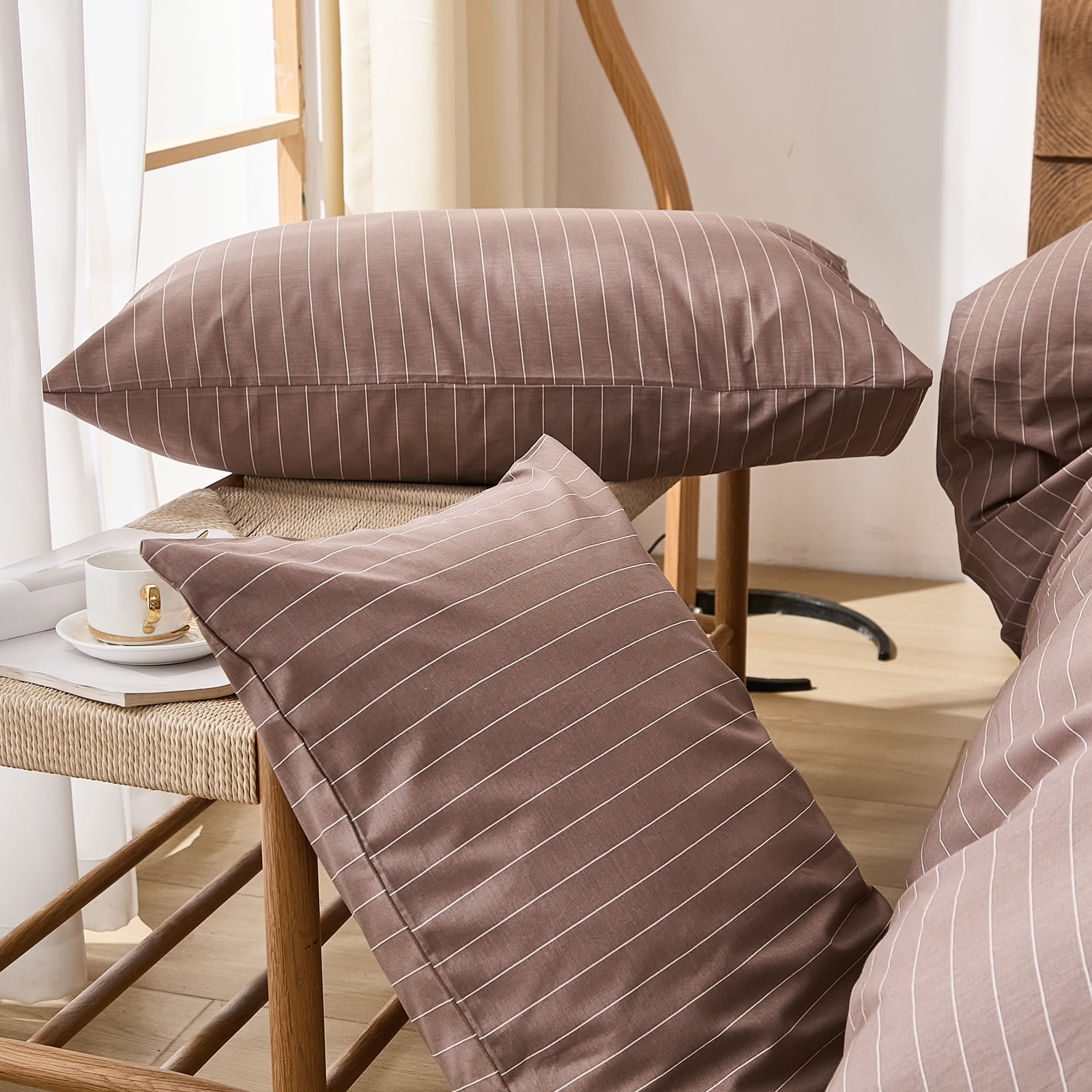 Brown Striped Duvet Cover Set Queen Size, 100% Natural Cotton Linen Like Duvet Cover Set with Zipper Closure & 8 Corner Ties, Brown Khaki Soft Reversible Bedding for All Seasons
