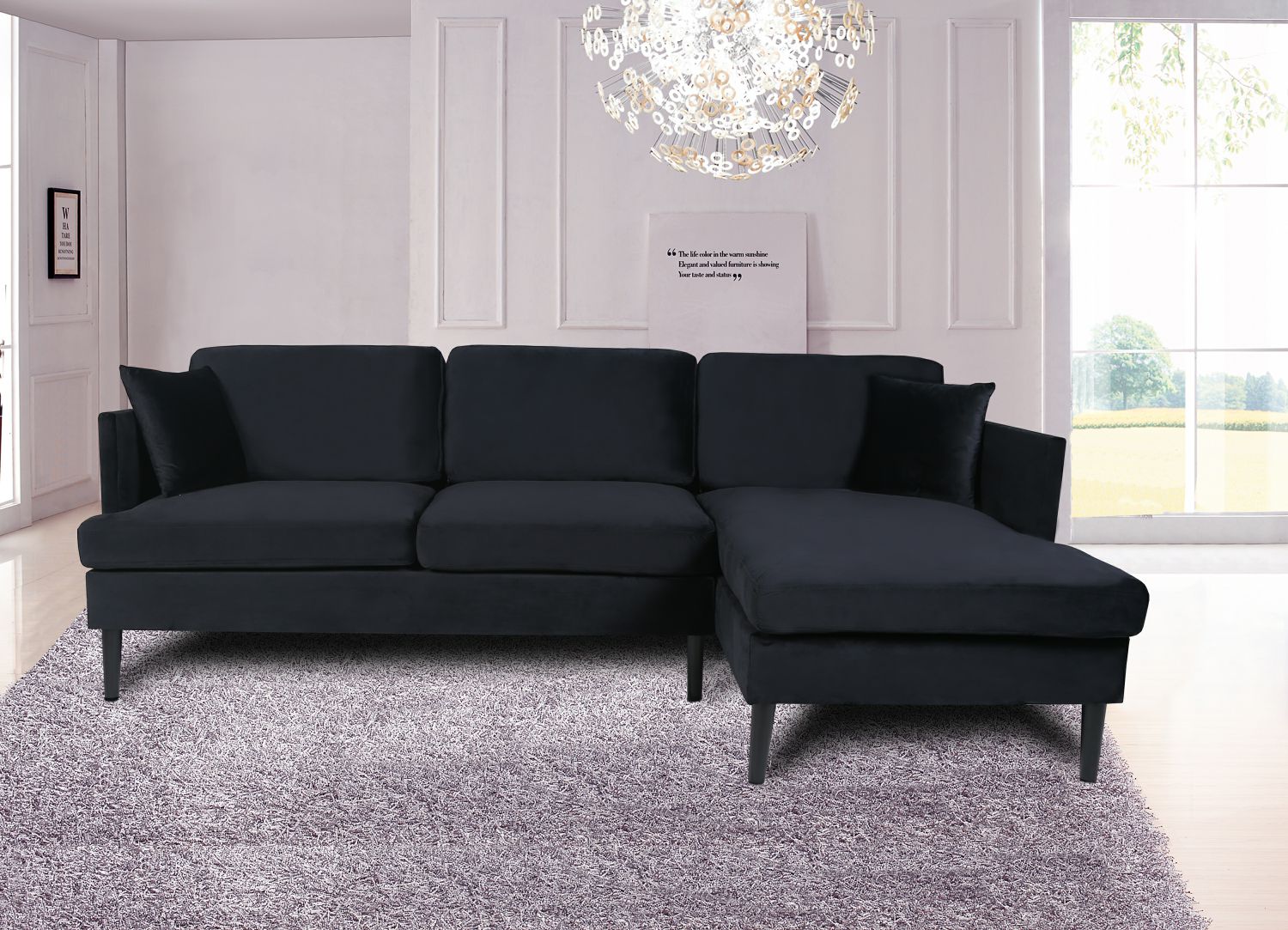 L-shape Sectional Sofa Velvet Right Hand Facing with Solid Wood Legs and Removable and Washable Seat Cover，Black - image 1 of 7
