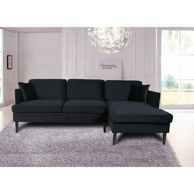 L-shape Sectional Sofa Velvet Right Hand Facing with Solid Wood Legs and Removable and Washable Seat Cover，Black