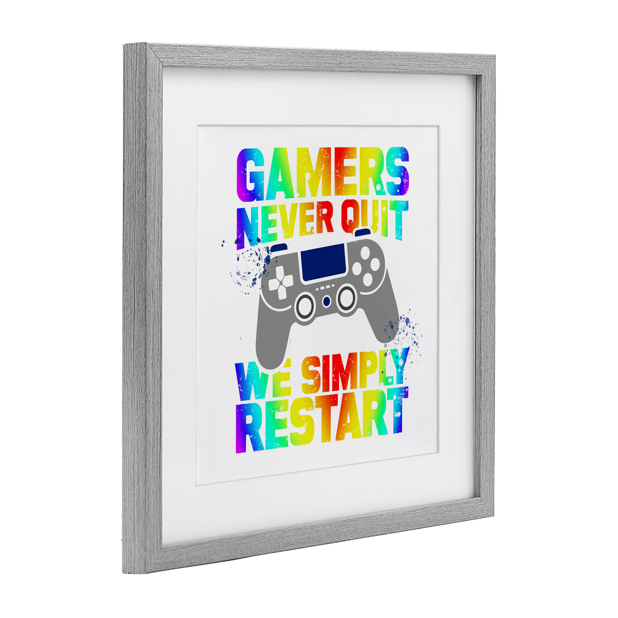 Rainbow Gamers Never Quit Gray Framed Print Under Glass, design by Kim Allen