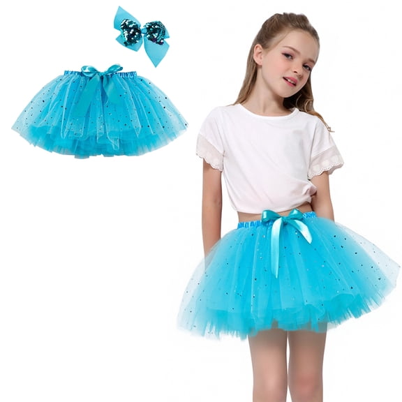 Tulle Skirt for Girls Layered Blue Tutu Sparkle Skirt with Bow Hair Clip Elastic Waist Girls Ballet Tutu Girls Party Dress 2-4 Years