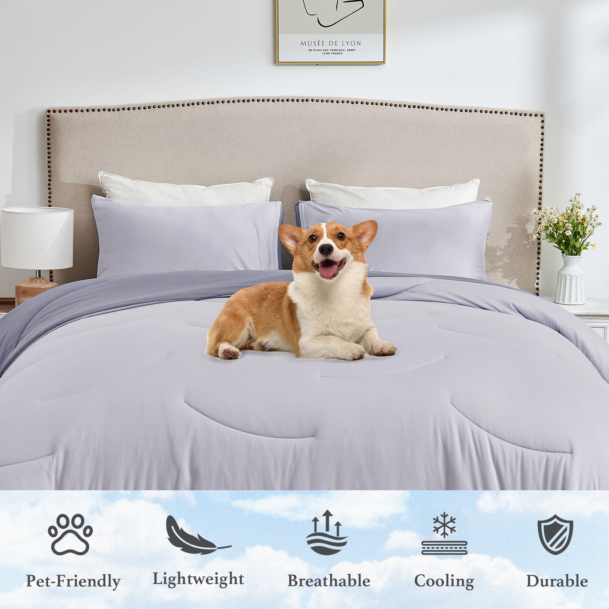 HOMTEC Reversible 3-Piece Comforter Set, All Season Double-Sided Comforter with 2 Pillowcases, King Size, Gray
