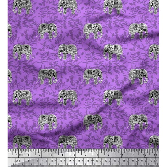 Soimoi Purple Poly Georgette Fabric Leaves & Artistic Elephant Animal Print Fabric by the Yard 42 Inch Wide