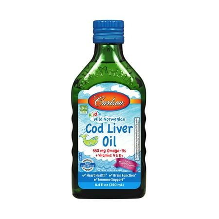 Carlson Kid's Wild Norwegian Cod Liver Oil + Vitamin A & D3 Liquid, 550 mg Omega-3, Bubble Gum, 8.5 Fl