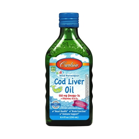 Carlson Cod Liver Oil - Carlson Kid's Wild Norwegian Cod Liver Oil + Vitamin A & D3 Liquid, 550 mg Omega-3, Bubble Gum, 8.5 Fl Oz.