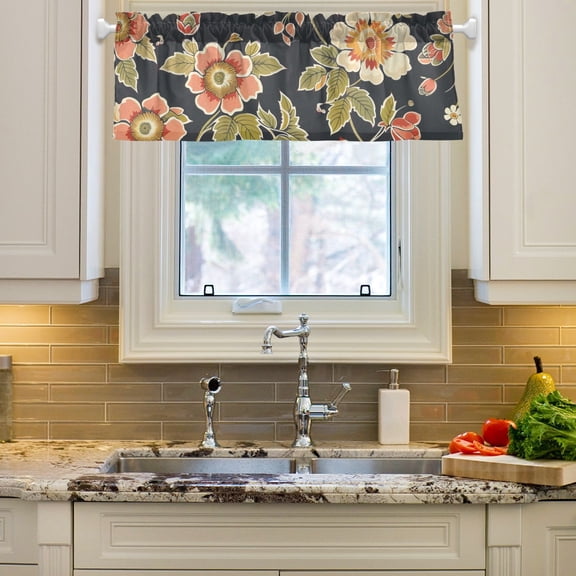 Flowers and Leaves Curtain Valances Farmhouse Design Window Treatment Decor Blackout Rod Pocket for Windows Living Room Kitchen 54" x 18"