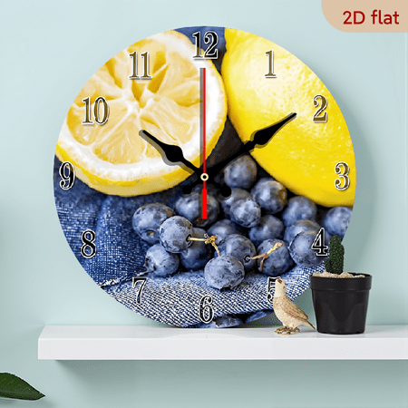 2D Flat 1pc 10Inch Wooden Yellow Lemons Blueberry Wall Clock Fruit Modern Clocks Wall Decor Battery Operated Large Decorative Wall Clock Silent Round Wood Wall Clock Hanging Clocks for Living