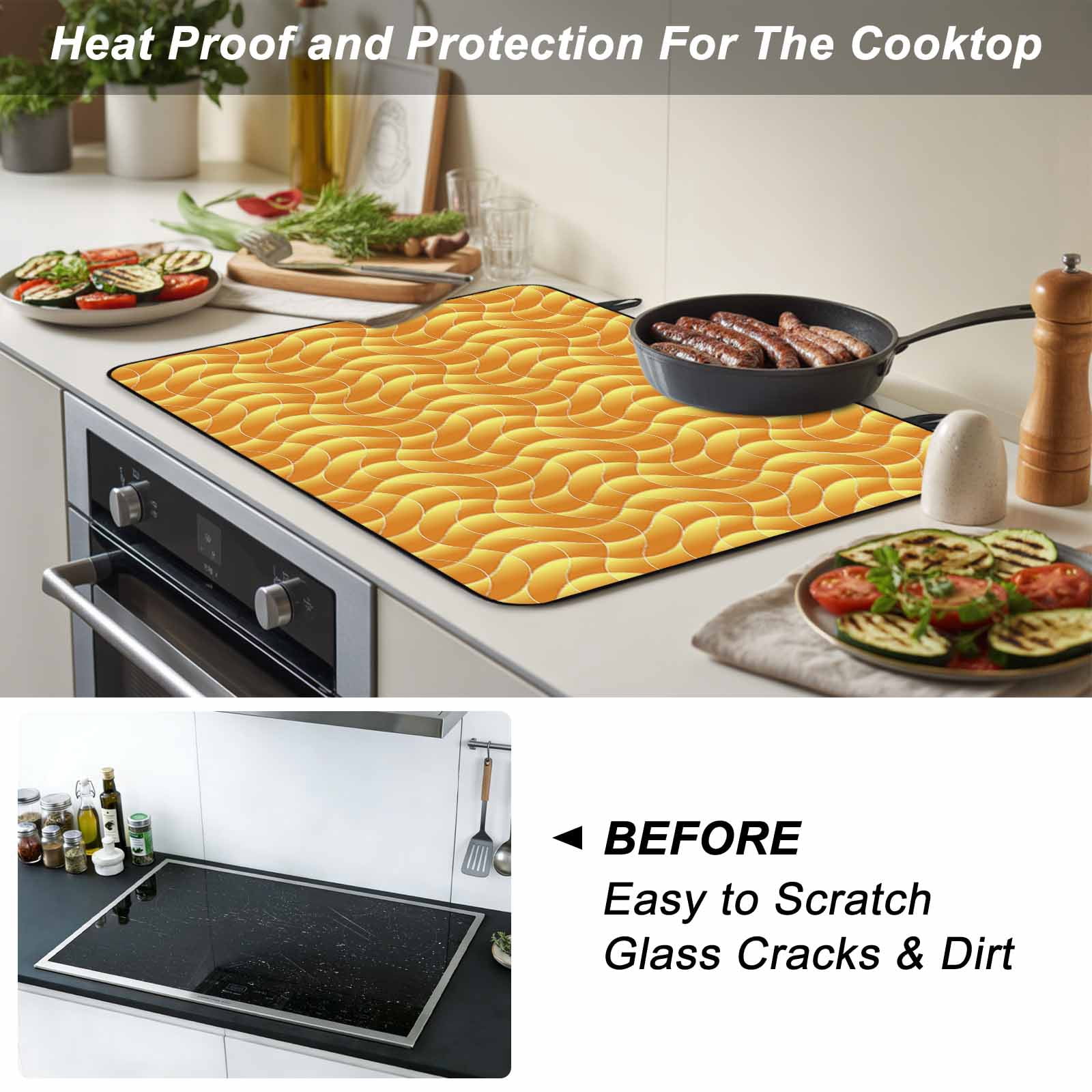 Orange Geometric Stove Top Cover for Electric Stove, Heat-proof & Non Slip Glass Top Stove Cover Protector, Modern Moire Abstract Art Aesthetics Kitchen Flat Cooktop Rubber Mat 24x21 Inches