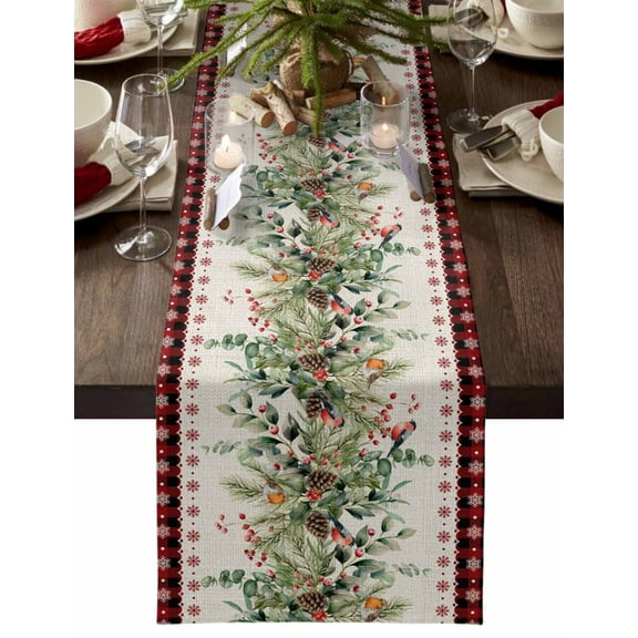 Christmas Table Runner Bird Eucalyptus Leaves Table Runners Pine Cones Berry Buffalo Plaid Cotton Linen Dresser Scarf Kitchen Dining Table Decor for Christmas Holiday Party Decor 13x72 Inch