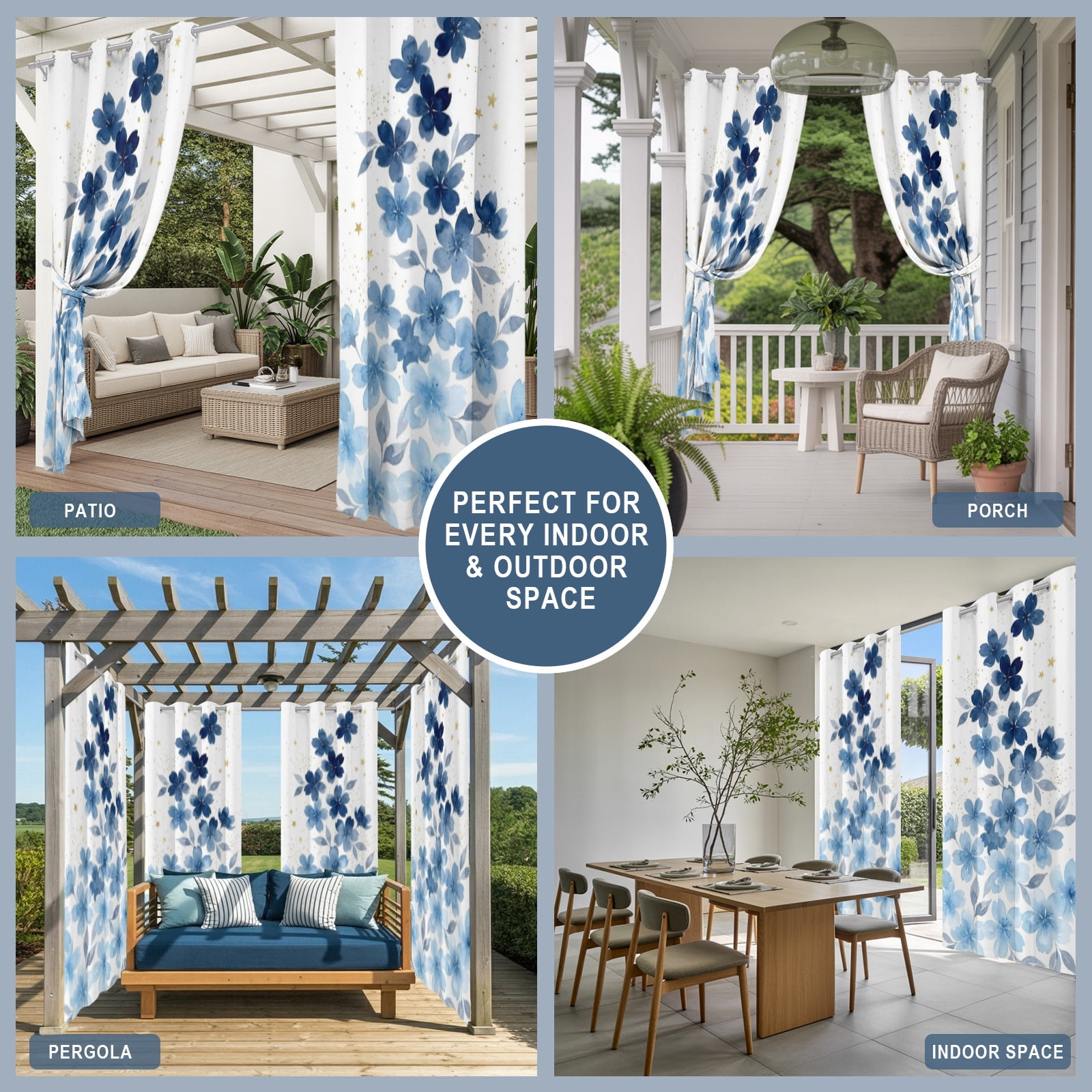 Blue Cherry Blossom Outdoor Curtains for Patio, Watercolor Floral Botanical Sunshade Privacy Drapes Grommet Waterproof Outside Curtains for Porch/Cabana/Balcony 54"x 108", 1 Panel