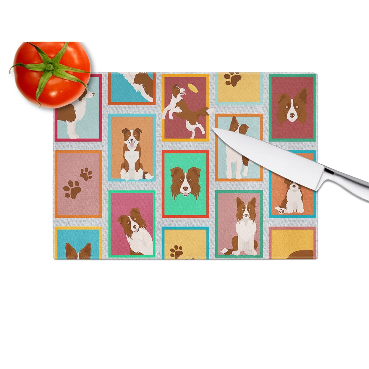 Lots of Red Border Collie Glass Cutting Board Large 12 in x 15 in