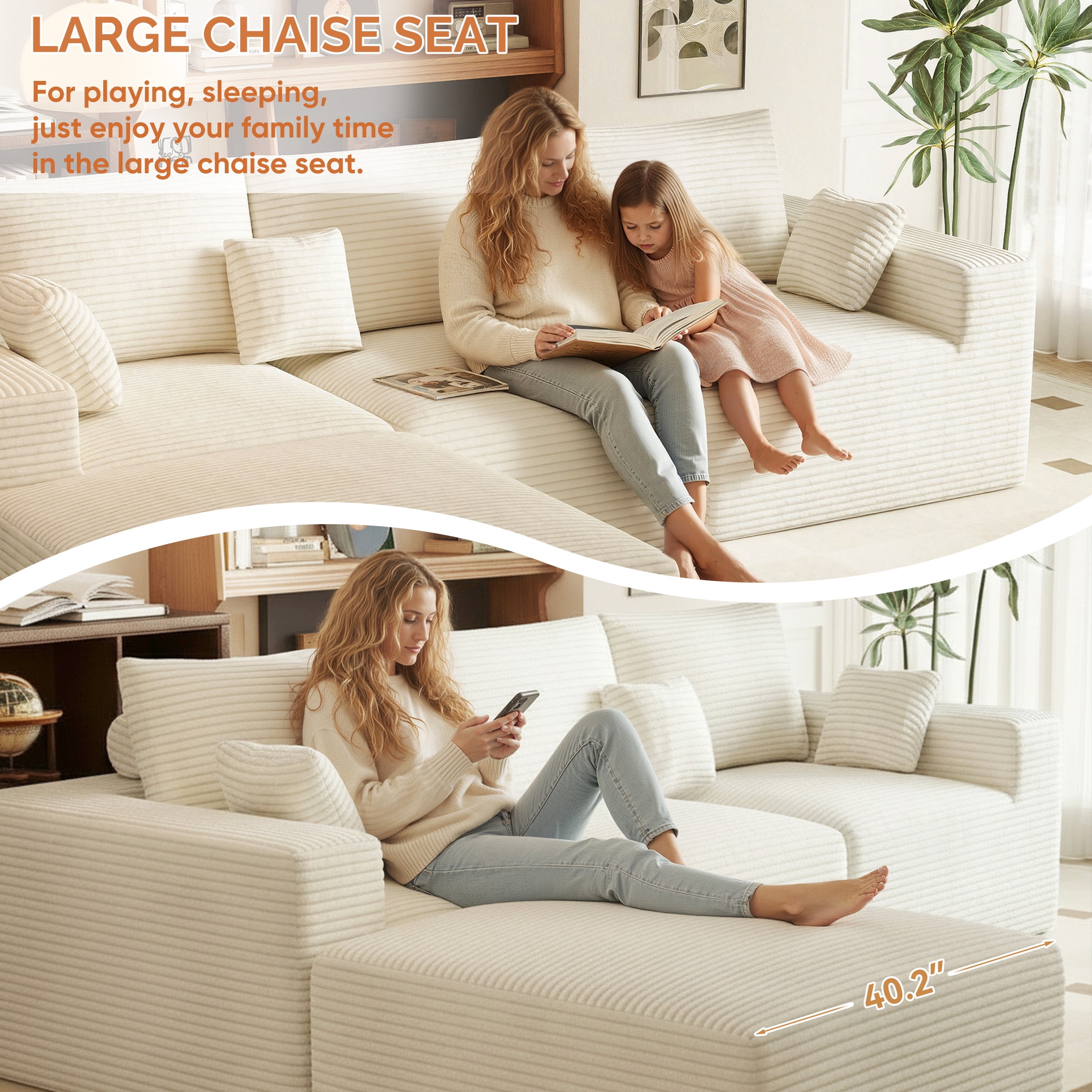 Daluvenix 113" Modern Modular Sectional Sofa Bed 6 Seater Boneless Couch Sofas Set Convertible Corduroy Cloud Couches for Living Room