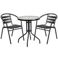 thumbnail image 1 of 23.75'' Round Glass Metal Table with 2 Black Metal Aluminum Slat Stack Chairs, 1 of 9
