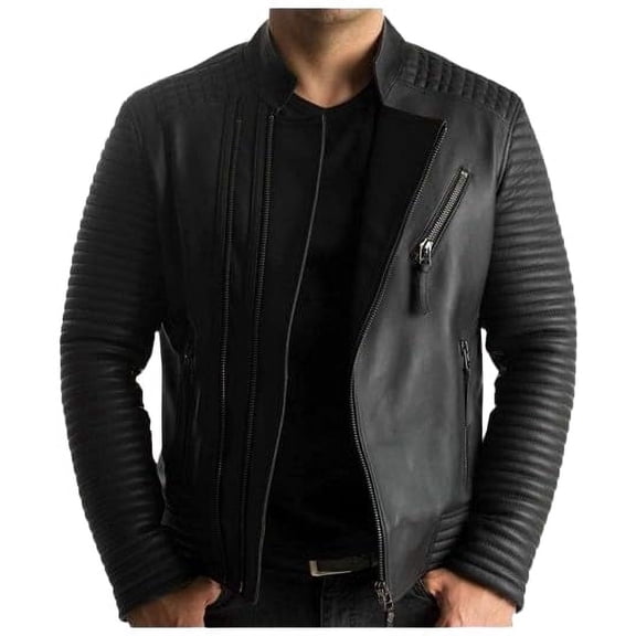 Men's Black Leather Biker Jacket, Zipper Closure, Banded Collar