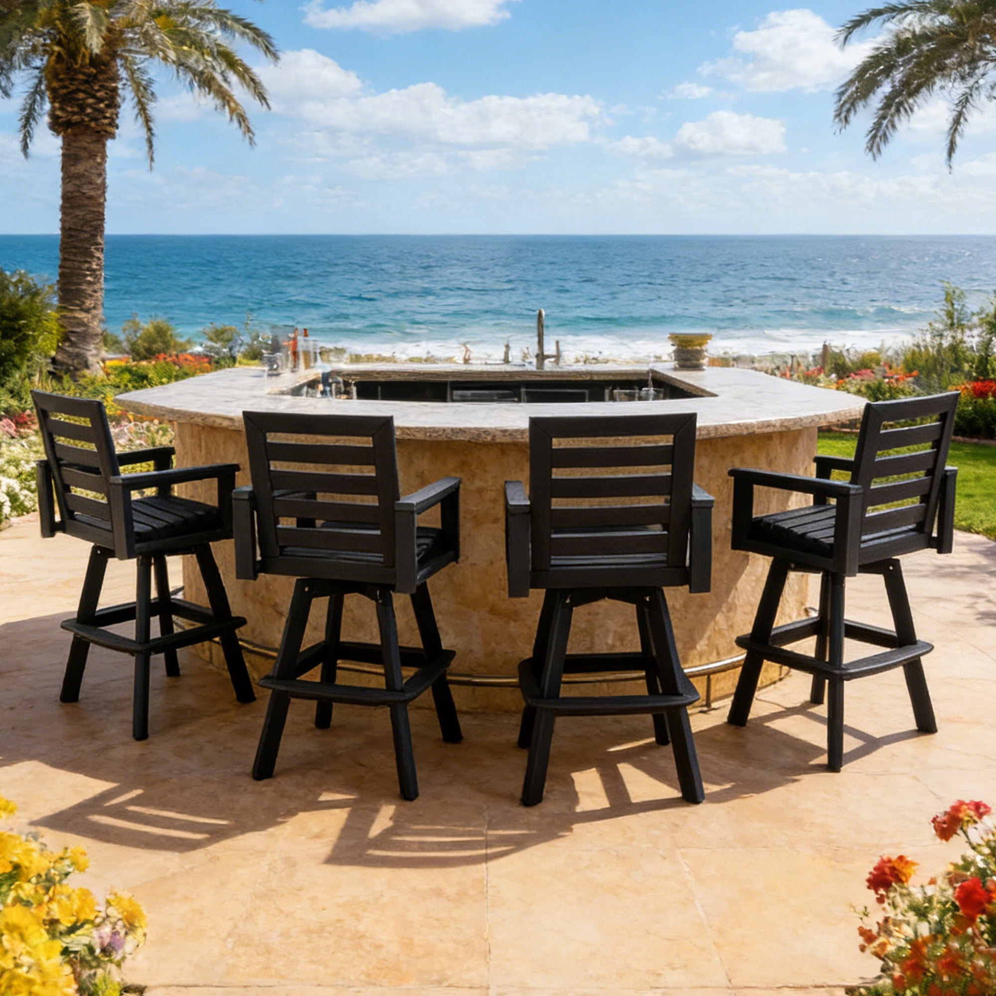 Outdoor Swivel Bar Stools, Carbon High-Density Polyethylene Patio Bar Chair with 360 Swivel for Deck, Hot-Embossed Wood Grain