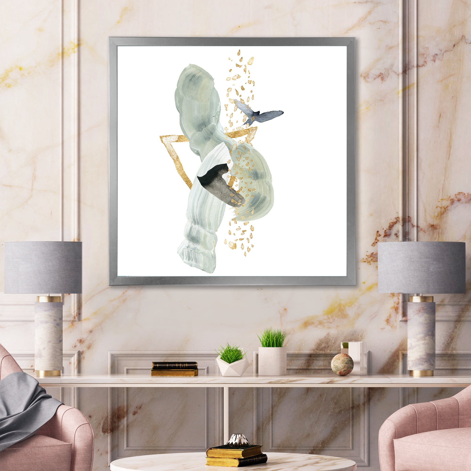 Designart 'Abstract Golden Mountain With Bird and Moon' Modern Framed Art Print