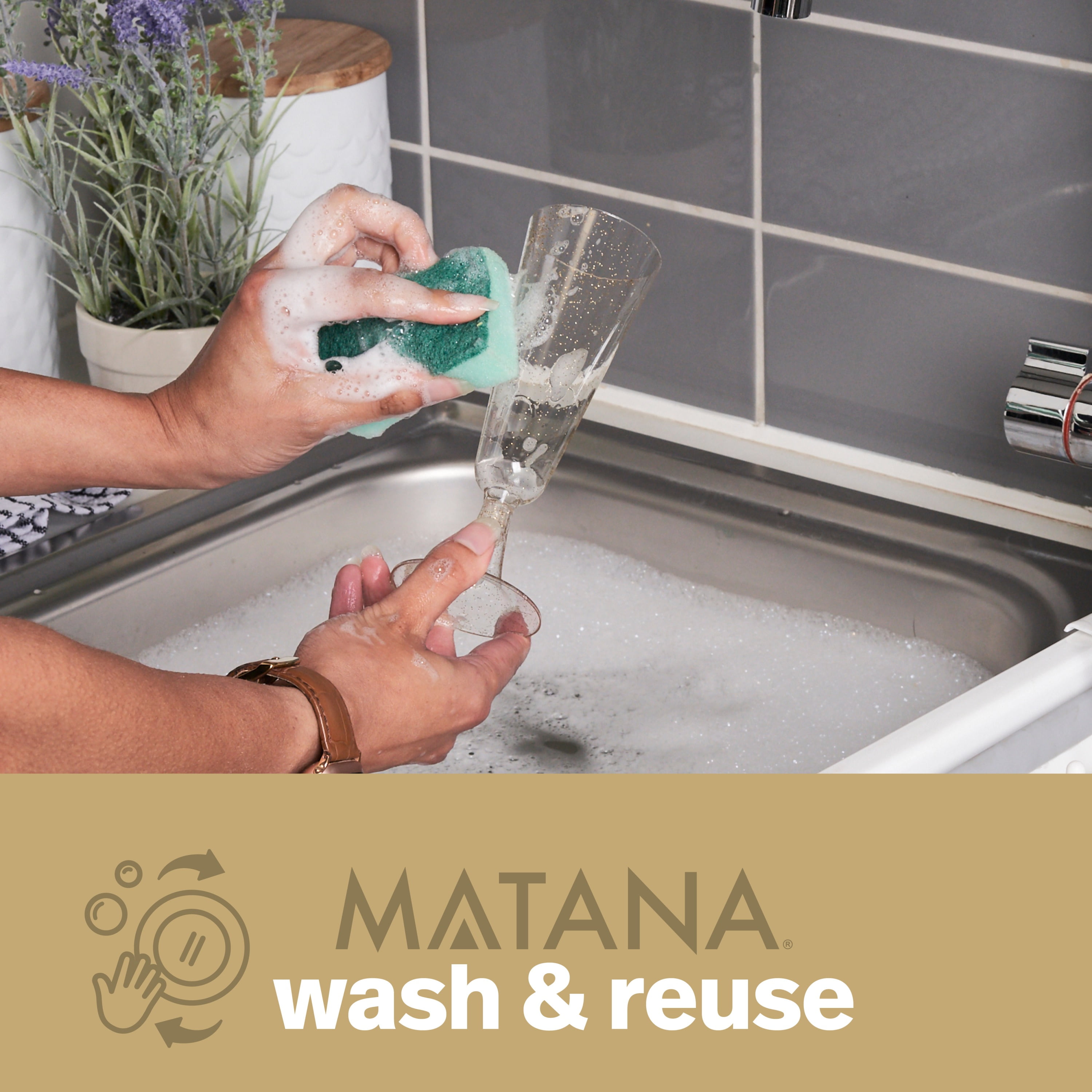 MATANA 5oz Gold Glitter Reusable Plastic Champagne Flutes Set of 50