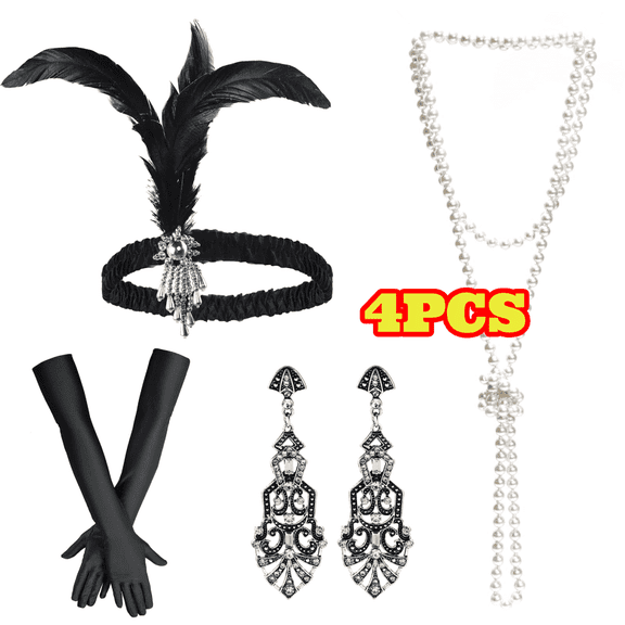 4pcs Black Flapper Accessories for Women, Including Headband Beaded Necklaces Earrings Gloves