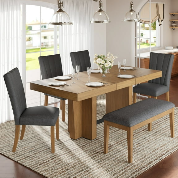 TOPMAX Farmhouse 78.1inch Extendable Wood Dining Table Set for 6, Kitchen Table Set with Bench and 4 Upholstered Chairs,3.8inch Thick Tabletop and Trestle Legs for Kitchen, Dining Room, Gray