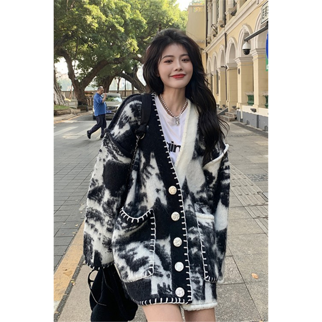 Suéter tipo cárdigan con efecto tie-dye de gran tamaño para mujer, chaqueta de punto holgada con cuello en V informal y retro gruesa