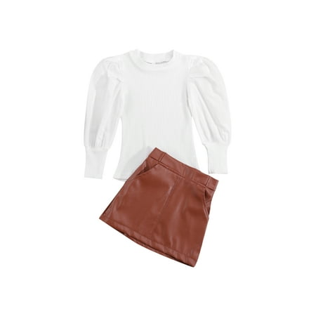 

Calsunbaby 2PCS Toddler Infant Baby Girls Long Puff Sleeve Rib Knit Tops Mini Leather Skirt Set