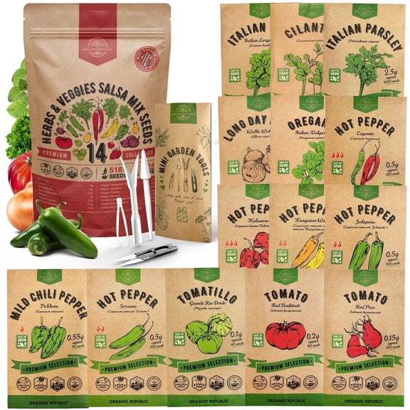 14 Herbs & Veggies Salsa Mix Seeds Pack - 5,180  Non GMO Heirloom Herb, Tomato & Chili Pepper Seeds