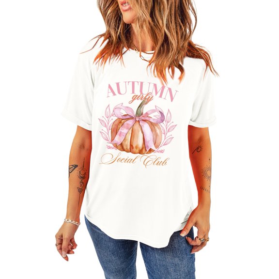 Women's White Autumn Girly Thanksgiving Bowknot Pumpkin Graphic T-Shirt | [ZhiHiMeRi] | (US 20-22)2XL