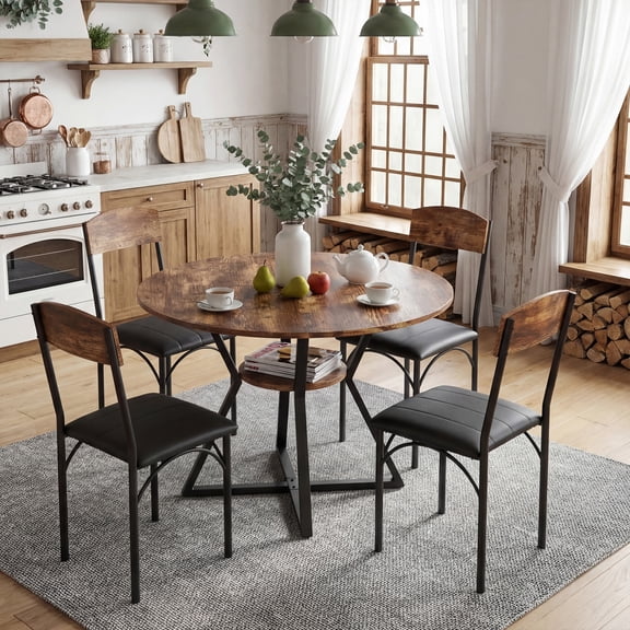 Round Dining Table Set for 4,Wood Round Kitchen Table and Chairs Set for 4,Modern Dining Room Table Set with 4 Chairs,Round Dinner Table for Small Space,Brown