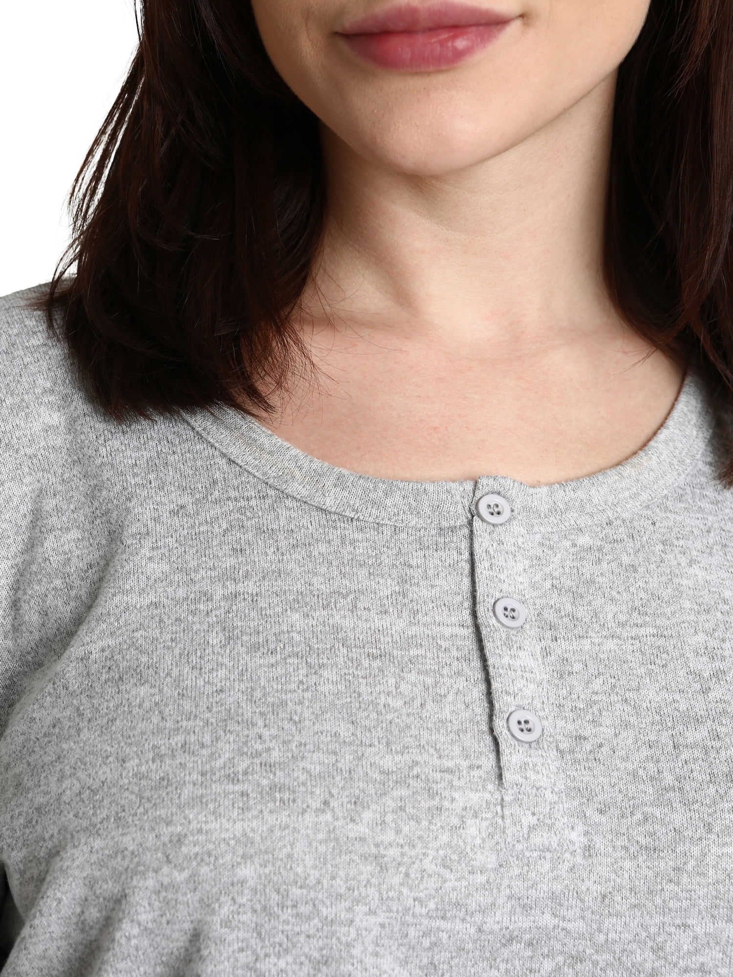 Blis Women's Flowy Henley Button-Up Long Sleeve Tee and Lettuce Edge Short Set Grey